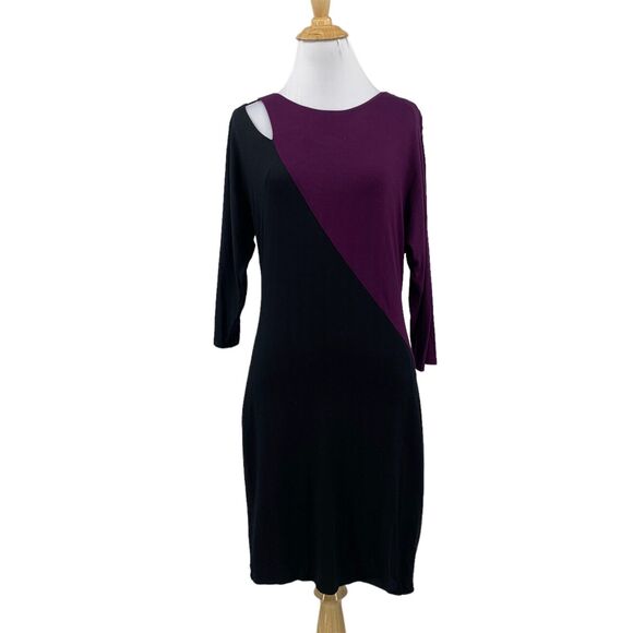 Trina Turk Dress Womens 2 Berry Black Cut Out Shoulder Colorblock Lined Sheath - Picture 1 of 12